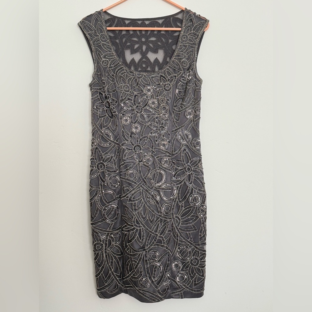 Sue Wong nocturne beaded embroidered dress gray silver size 10